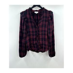Evereve Charlotte Ruffle Button Down Black and Red Plaid Size Small